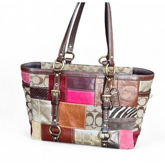 COACH Legacy Limited Edition Patchwork Tote Purse Hand Bag Leather Brown Pink - Picture 2 of 14